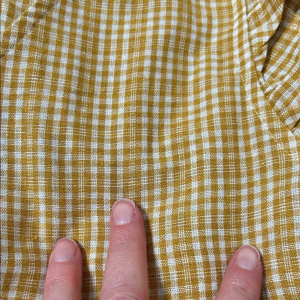 &Merci Mustard Gingham Plaid Babydoll Top Open Tie Back Ruffle Sleeves Small - Picture 10 of 12